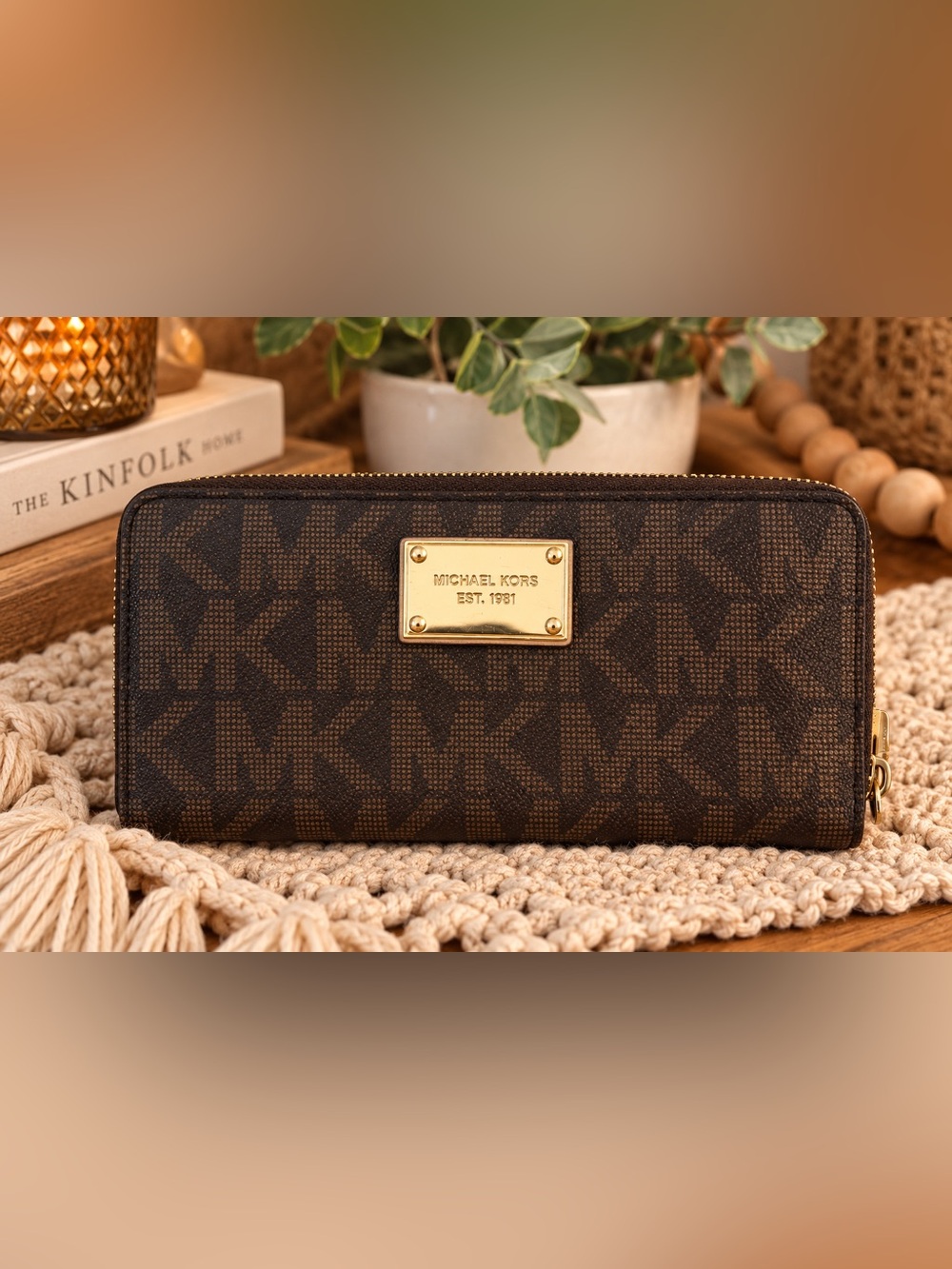Michael Kors Brown and Gold Signature Logo Zip Wallet